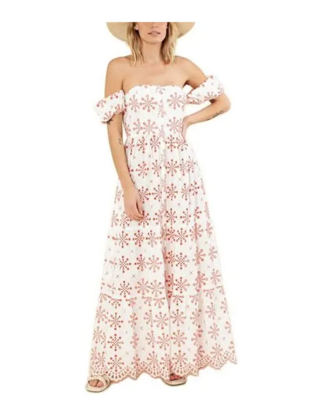 Hale Bob Off-Shoulder White Maxi Dress with Pink Geometric Embroidery Sz XS